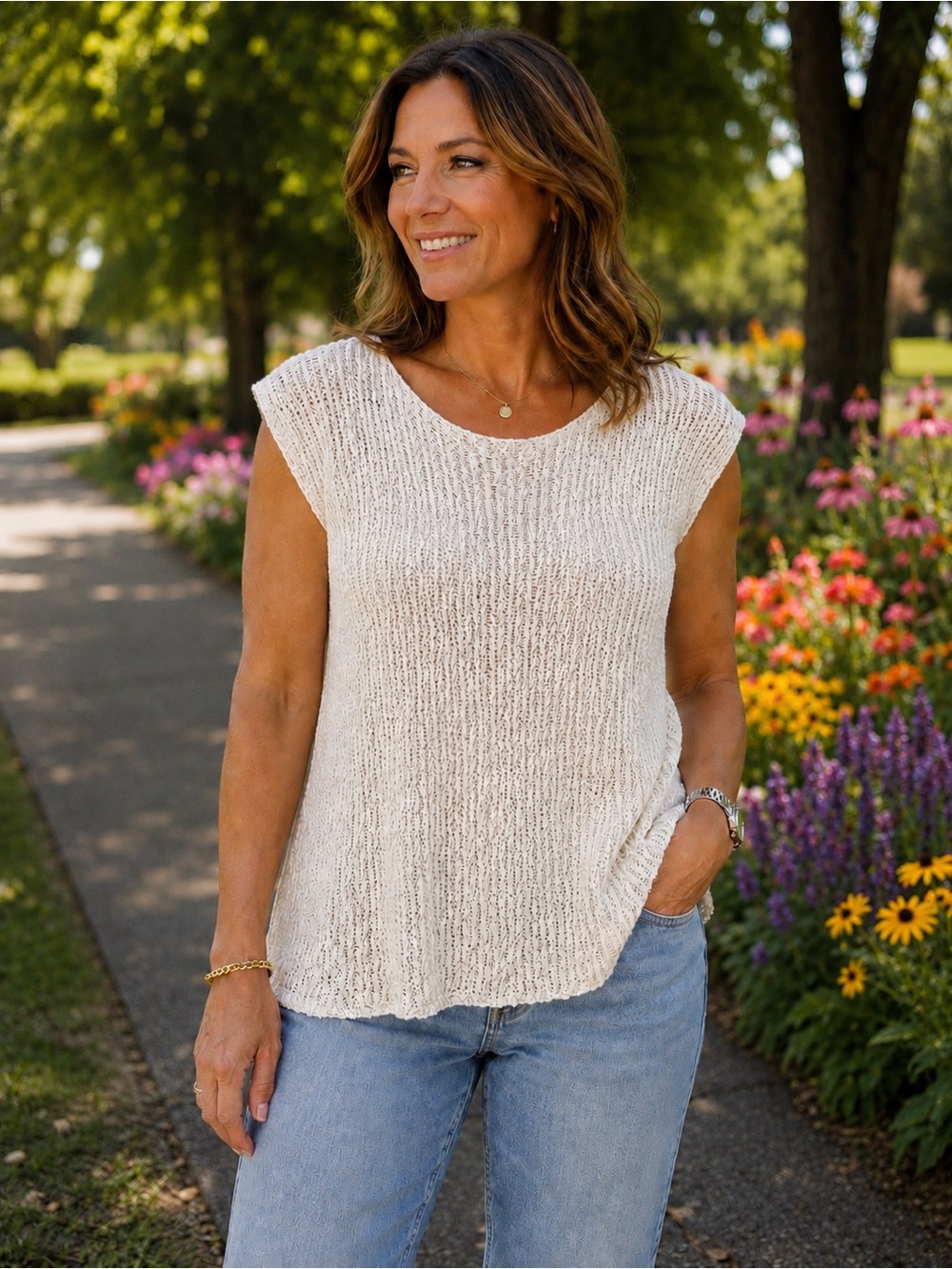 Eileen Fisher White Textured Knit Top, Size M